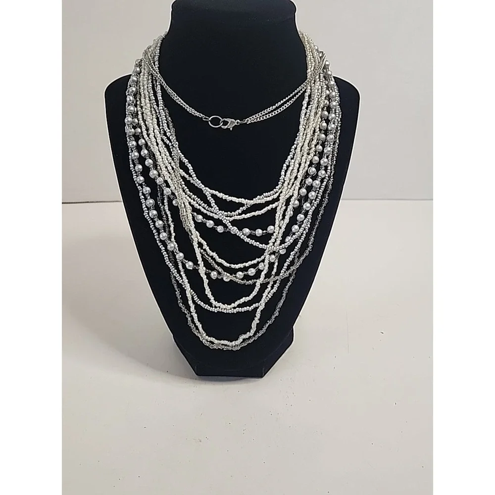 Mutli-Strand Layered Bib Necklace Silver Tones W/ Glass Seed Beads 30